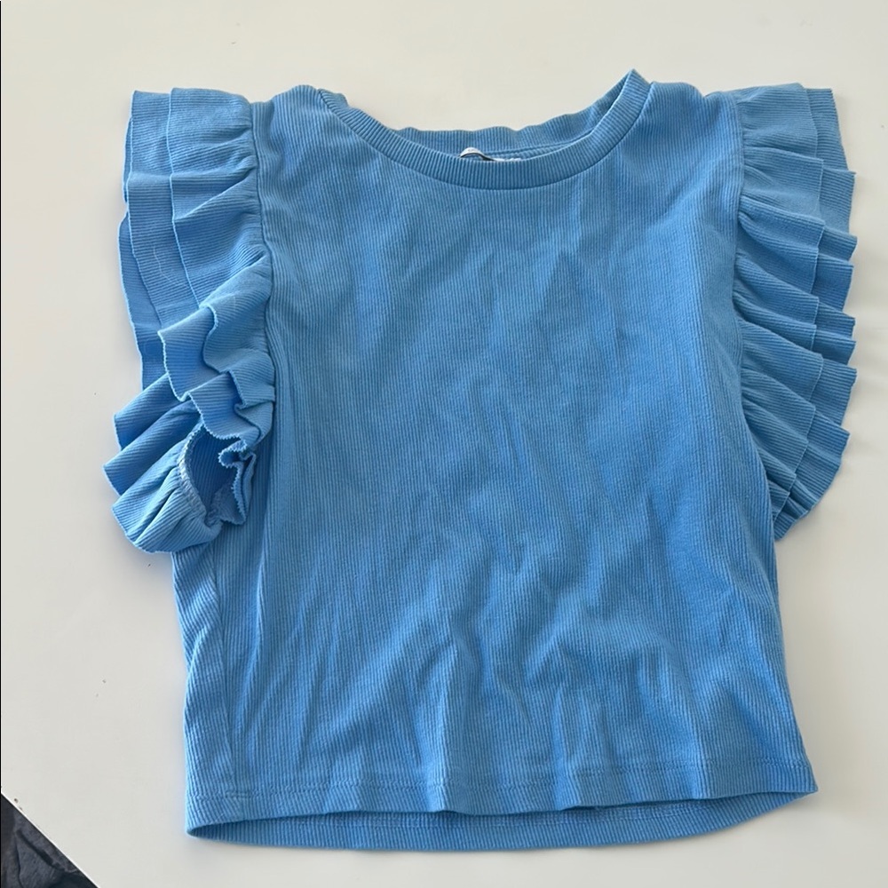 Zara Blue Short Sleeve Tee with Ruffled Details